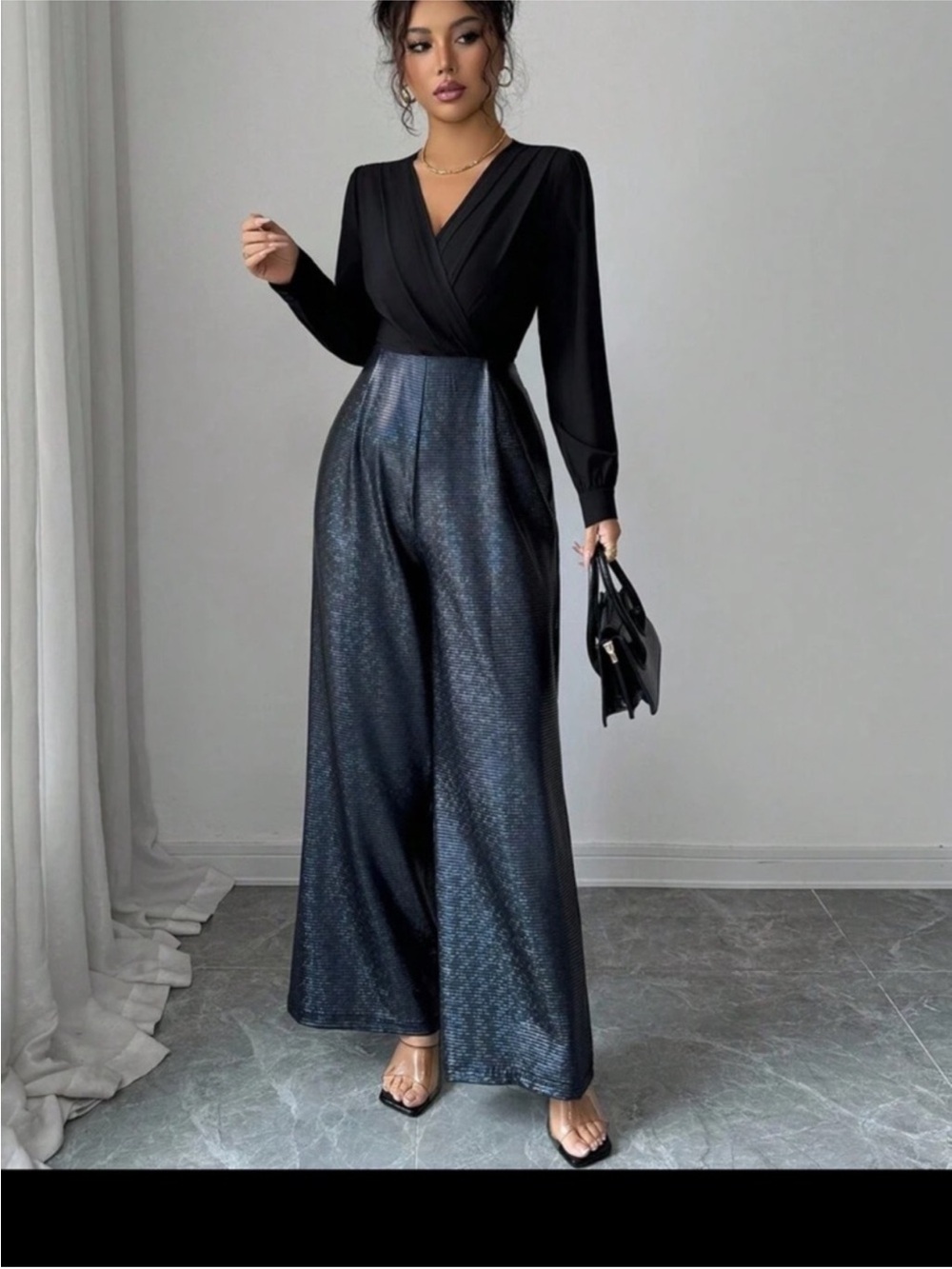 Black Metallic Wide Leg Jumpsuit Wrap V Neck Long Sleeve -  Size M - Picture 5 of 7